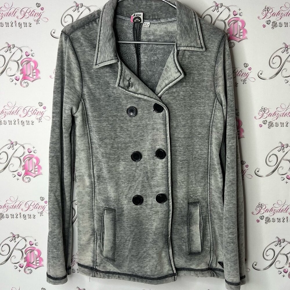 Roxy coat jacket sweater cardigan grey distressed  Double-Breasted Pea Coat